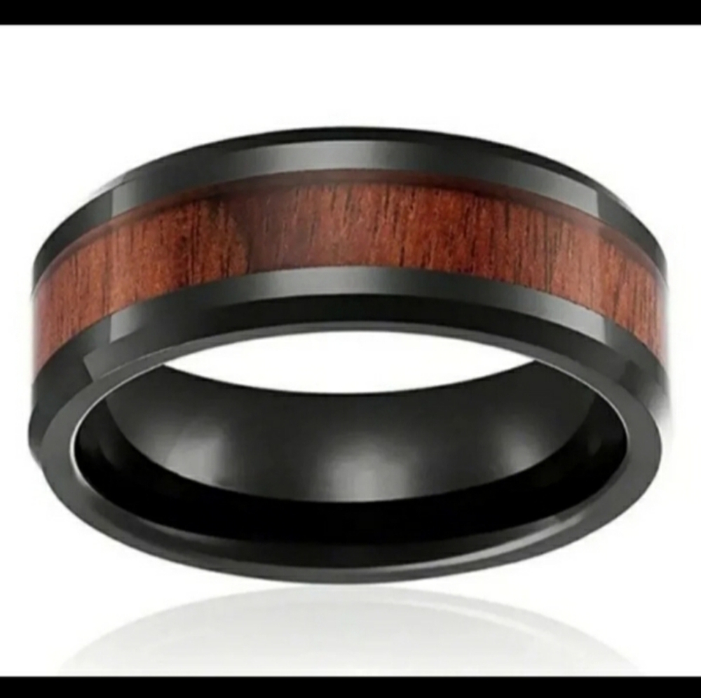 New Mens Black Titanium Black Walnut Wood Inlaid Band Ring.